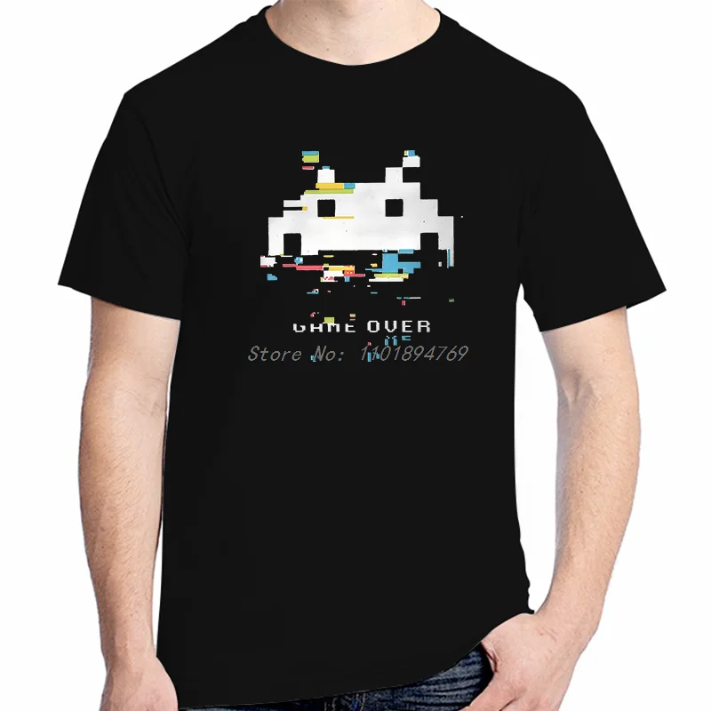 

Summer Men Tshirt Space Invaders Arcade Shooter Game Crewneck Tops Cotton T Shirt Humor High Quality Gift Idea Mens Clothes