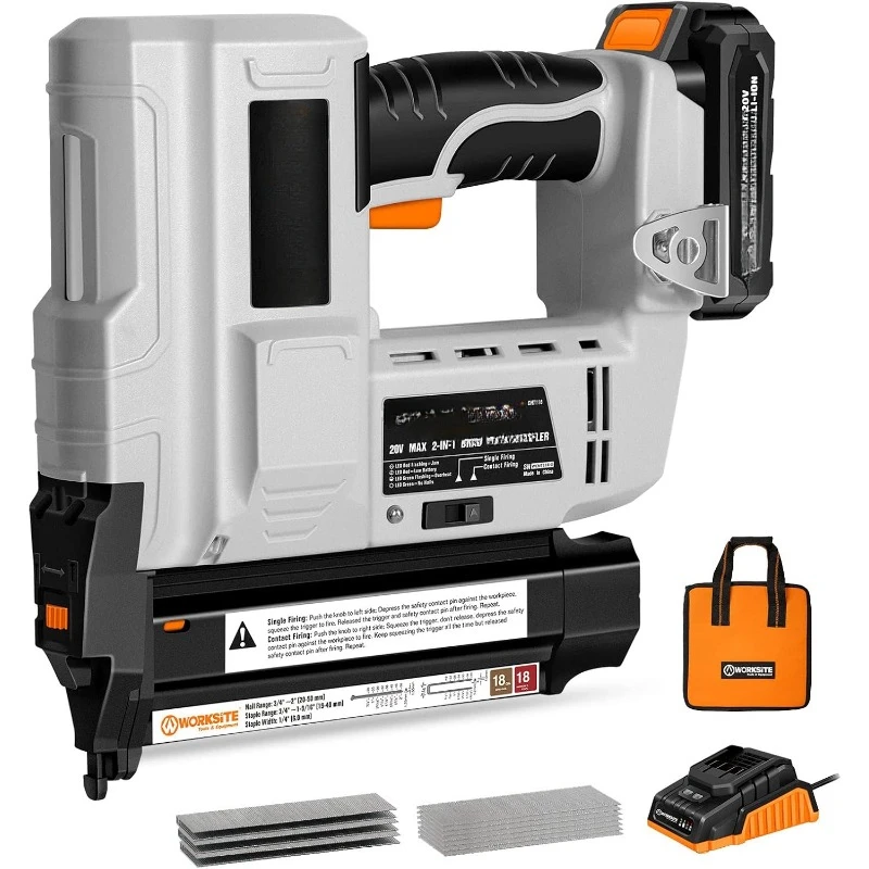 Cordless Brad Nailer, 18 Gauge 2 in 1 Cordless Nail Gun/Staple Gun with 2.0A Battery, Fast Charger, LED light for Upholstery