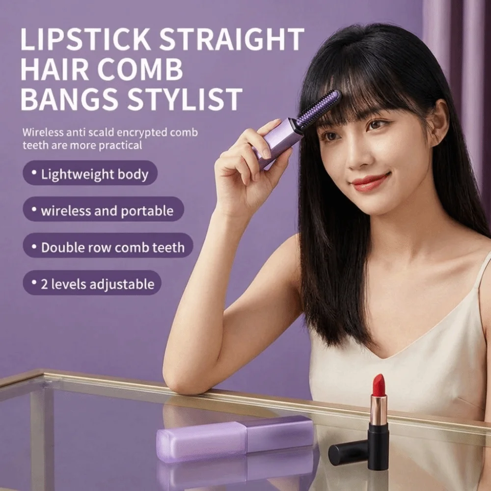 USB Rechargeable Wireless Bangs Comb Cordless Frizz-Free Lipstick Straight Comb Fast Heating Quick Styling