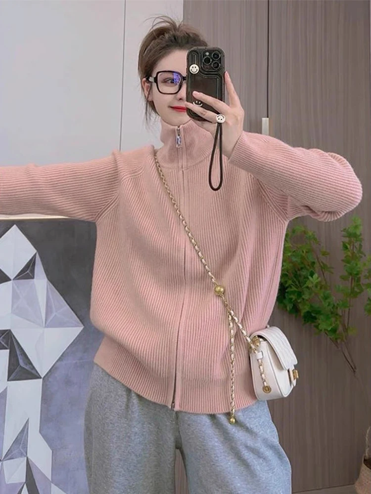 

Женский вязаный свитер Lazy Sle с застежкой-молнией и высоким воротником, свободный крой, длинный свек, осень-зима, новый дизайн, трикотаж