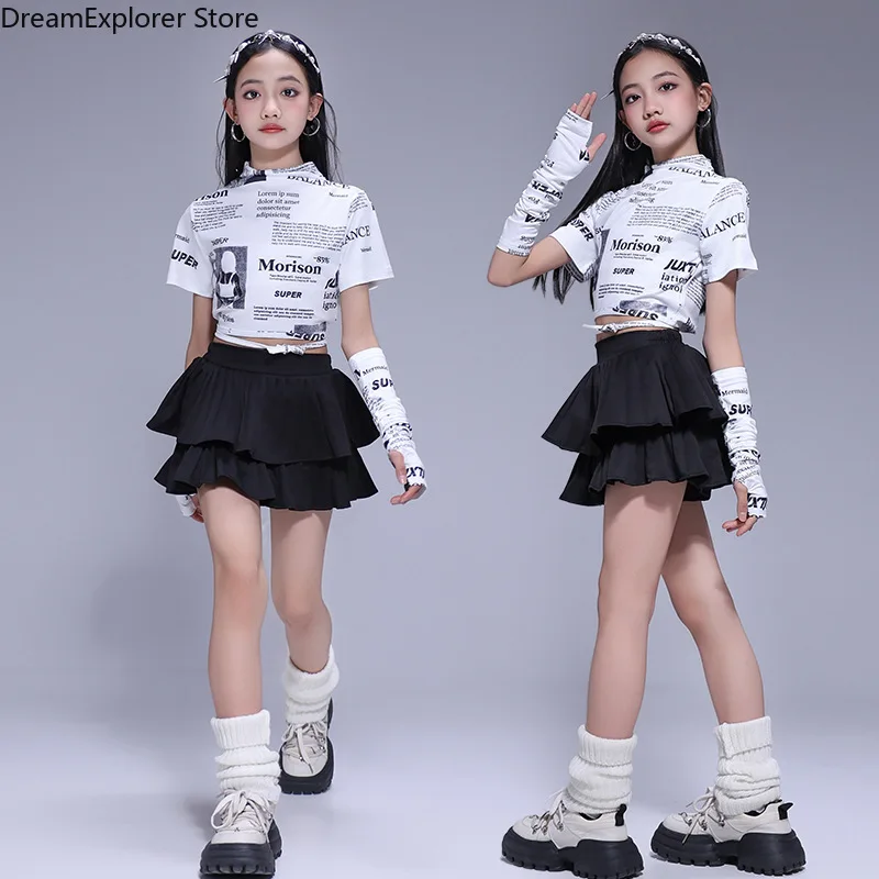 Hip Hop Girls Newspaper-print Crop Top Leather Pants Street Dance Skirts Kids K-pop Streetwear Children Jazz Clothes Set Costume