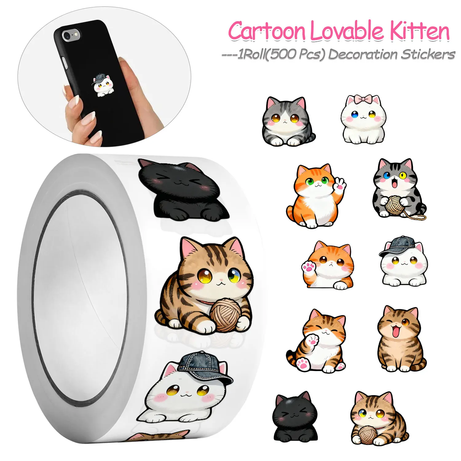 1Roll(500Pcs)Lovable Kittens Cat Stickers 2.5cm/1'' Party Fa