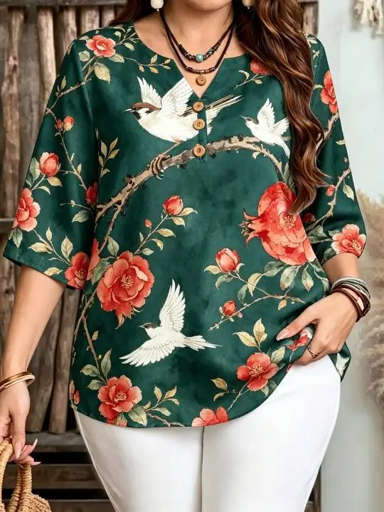 Women Watercolor Bird Fruit Floral Placement Print Blouse For Curvy Figures Notched Neck 3/4 Sleeve Loose Casual Ladies Tops