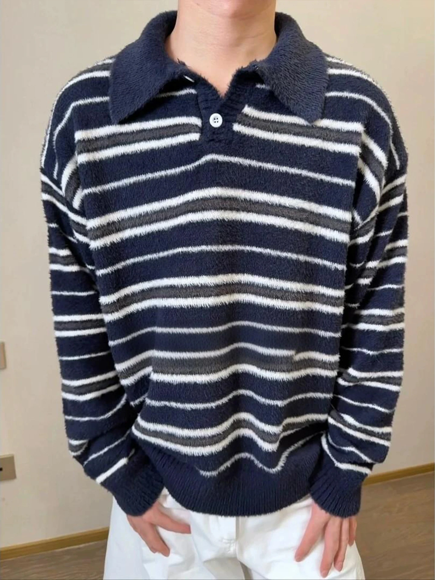 

Trendy Winter Men's Knitted irt in k Blue American Retro Stripes Loose Fit Comfortable Long Sve Casual Sle