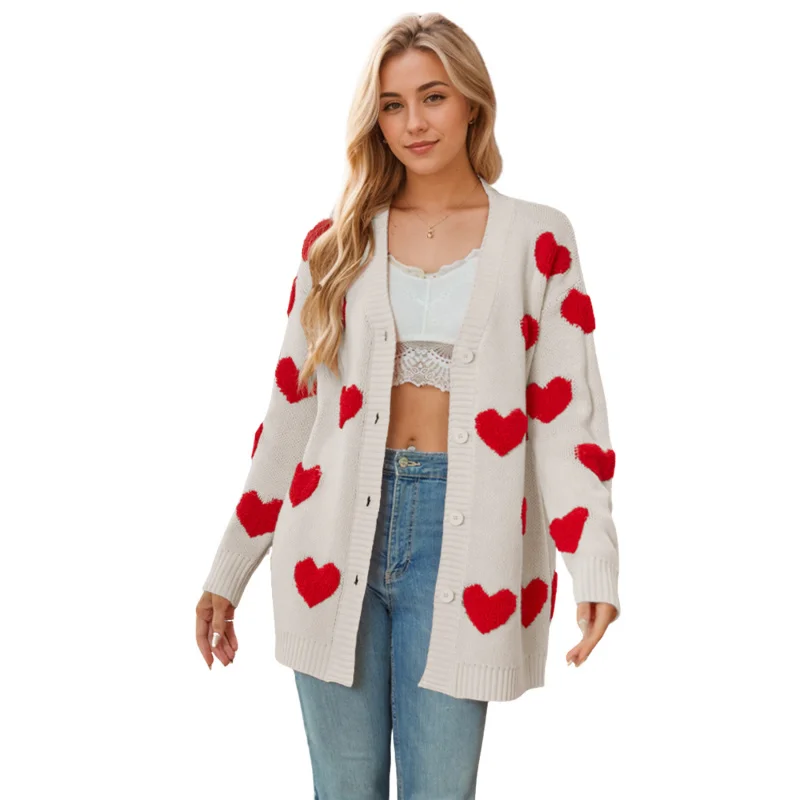 2024temuNew San Valentino Cardigan lavorato a maglia a cuore Cappotto di media lunghezza con bottoni e colletto inVC per donna