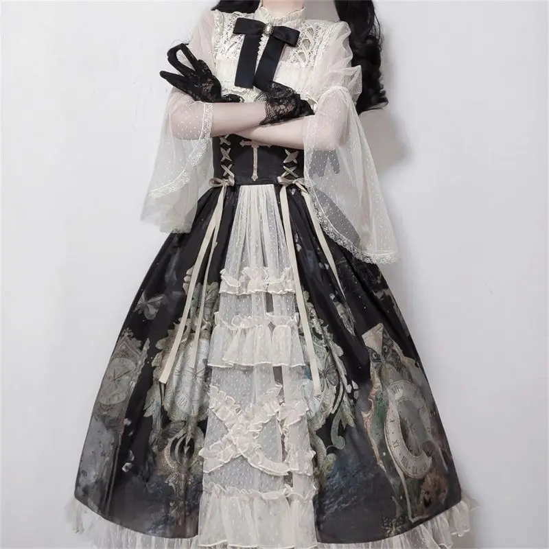 MAGOGO Victorian Gothic Lolita Dress Women Sweet Lace Sleeve Blouses Butterfly Print Princess Skirt Vintage Elegant Skirt Sets