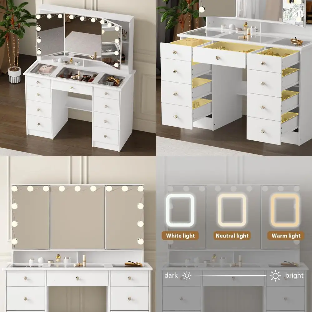 

Spacious Vanity Desk with Tri-Fold Mirror and Hollywood Lighting, 43.3 Wide Glass Top Makeup Vanity with 3-Color Light Modes and