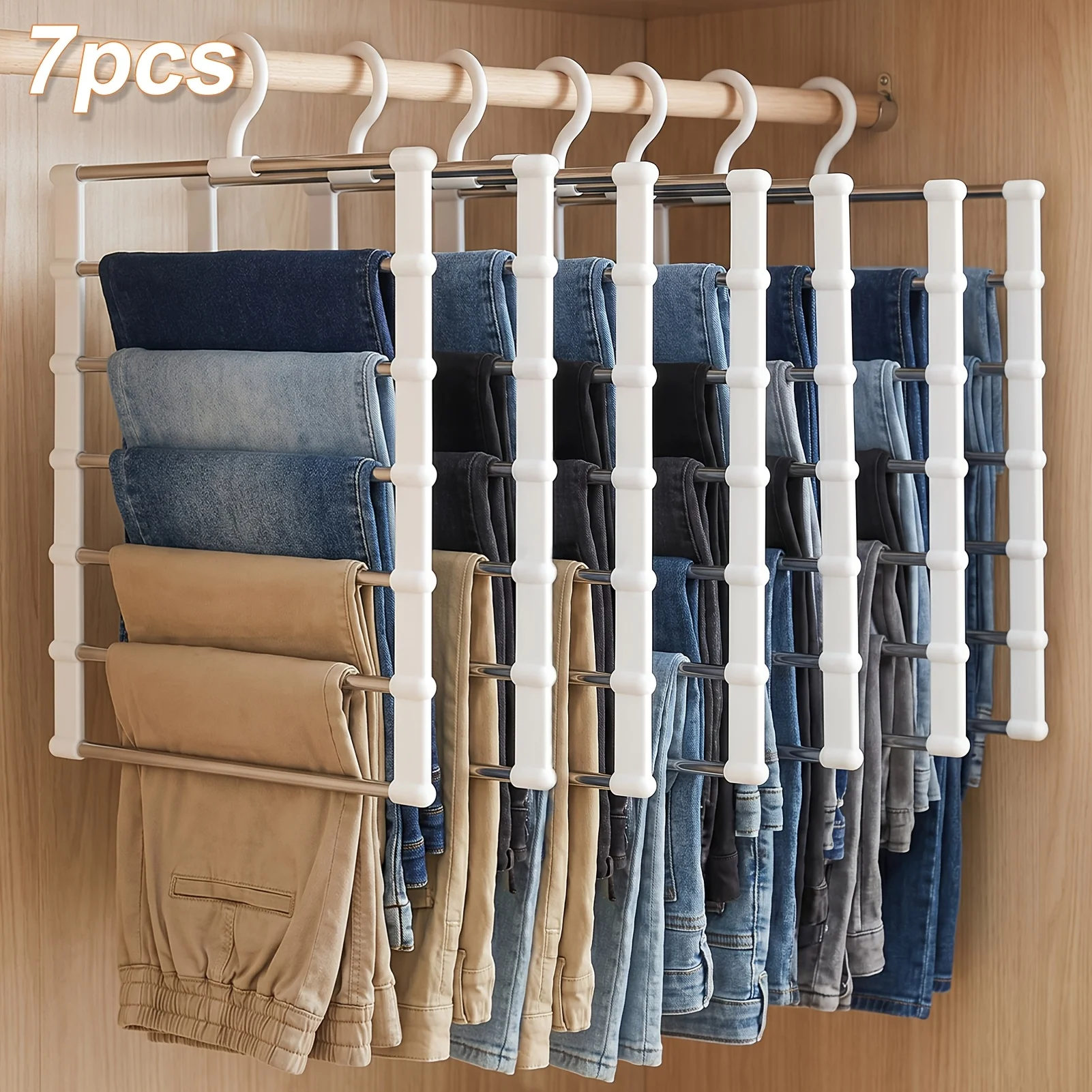 7pcs Multi-Layer Foldable Pants Rack, Stainless Steel Trousers Hanger with Clips, Space Saving Closet Organizer for Home