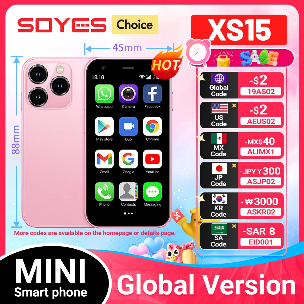 SOYES XS15 Mini Android8.1 Smart Phone 3.0 Inch Display 2GB RAM 16GB ROM Dual SIM Standby Play Store 3G Little Phone