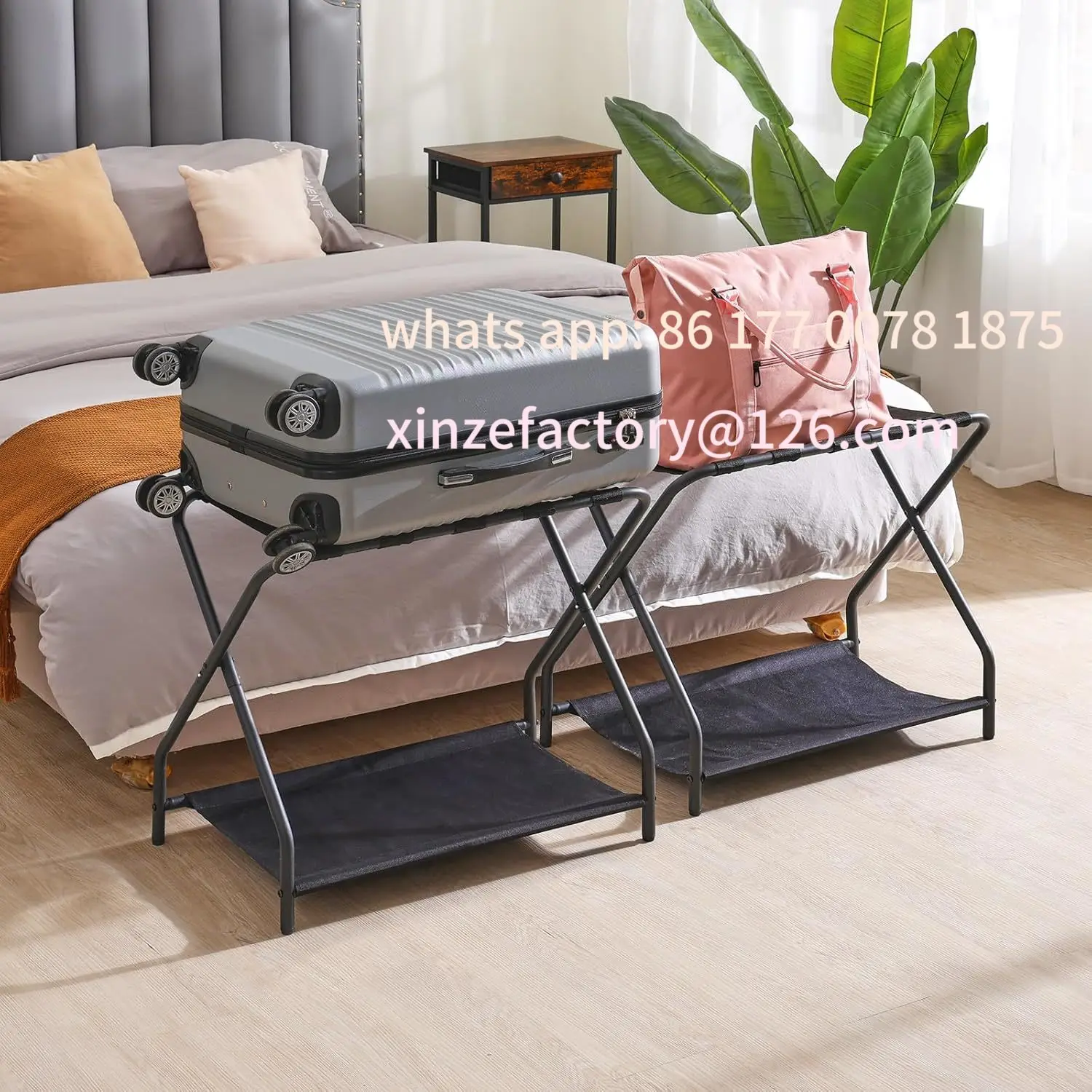 Customizable Luggage Rack, Set of 2, Foldable Suitcase Stands for Guest Room, Metal Luggage Holder with Storage Shelf