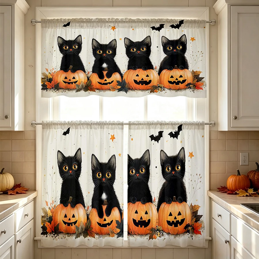 Halloween Fall Kitchen Curtains, Witch Hat Cat Ghost, Digital Print, Kitchen Dining Room, Rod Pocket Polyester, Home Decor