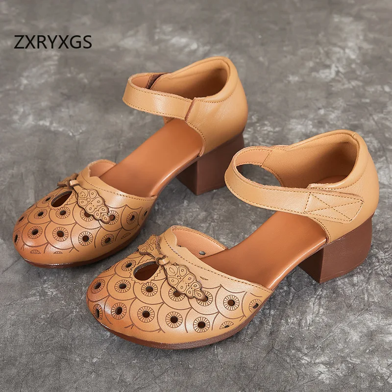 ZXRYXGS Classic Printing Side Air Round Toe Sandals Genuine Leather Shoes 2025 Summer Thick Mid Heel Women Sandals Banquet Shoes