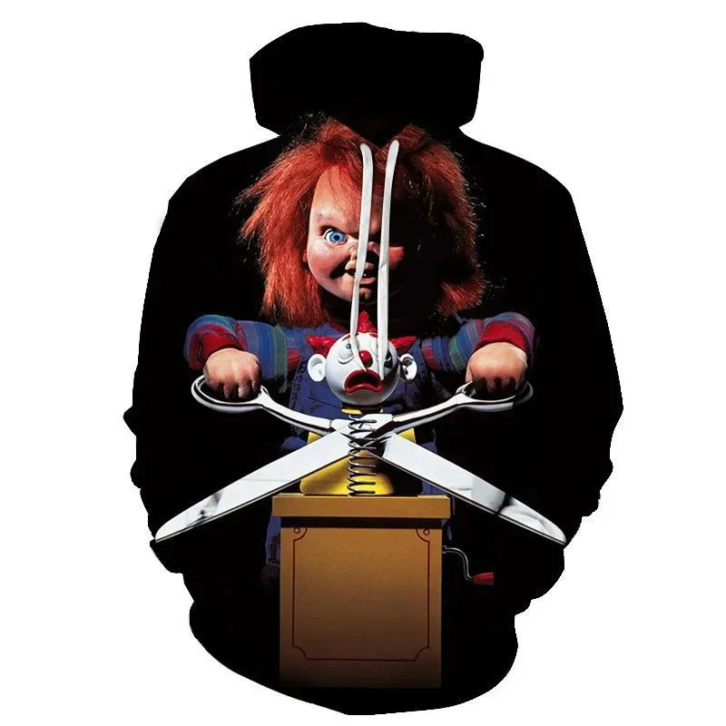 Chucky-Sudadera con capucha y estampado 3D para hombre y mujer, ropa de calle de terror, sudaderas de gran tamaño, jerséis para niños, chándal