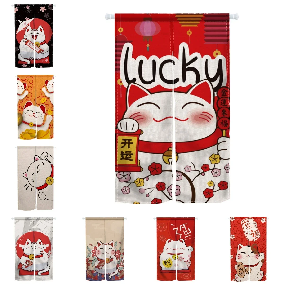 VIKAMA Japanese Lucky Cat Door Curtain, Kitchen Entry Half Curtain, Dining Room Divider Curtain, Washable Home Decor