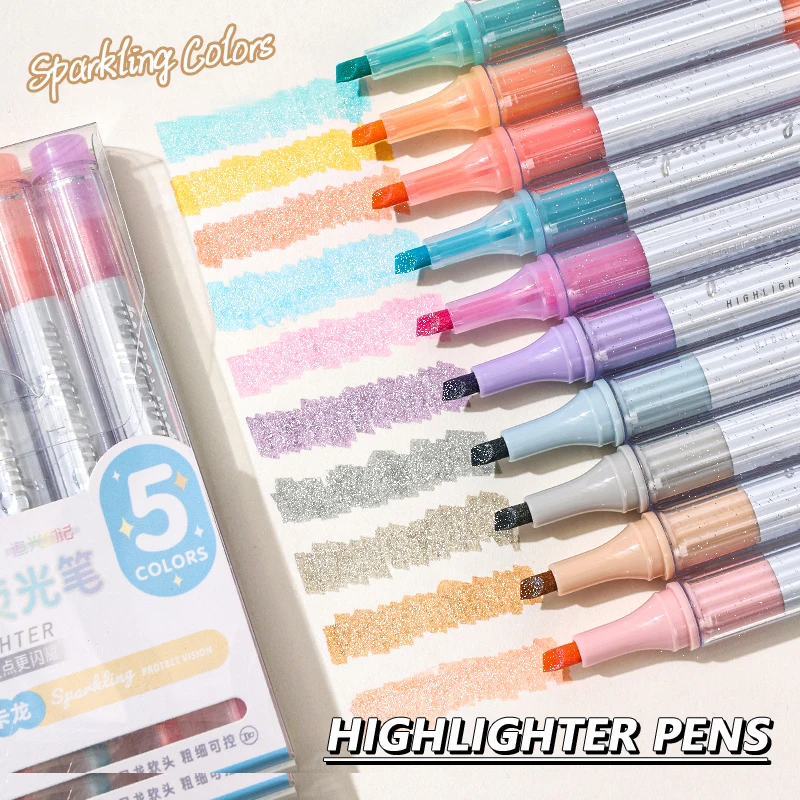 

5 Pcs/Set Sparkling Color Highlighter Pen Soft Tip Colored Glitter Art Marker for Drawing Notes Pastel Color Study Supplies