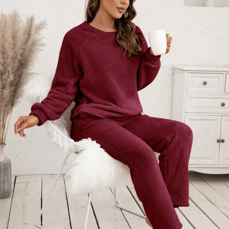 Autumn Winter Coral Velvet Loungewear Set Fuzzy Pullover Top Pants Set Pyjamas Homewear 2 Pieces Set Women Plush Pajamas Suit