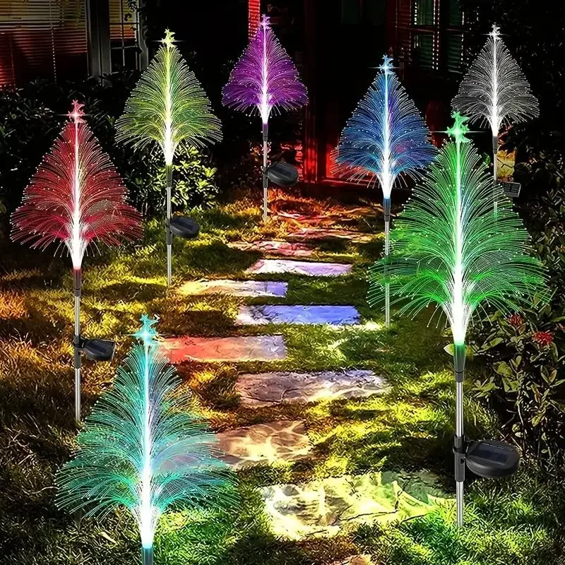 LED Solar Christmas Trees lampada da giardino in fibra luci da esterno impermeabili alimentate a energia solare luci Decorative per paesaggi da giardino