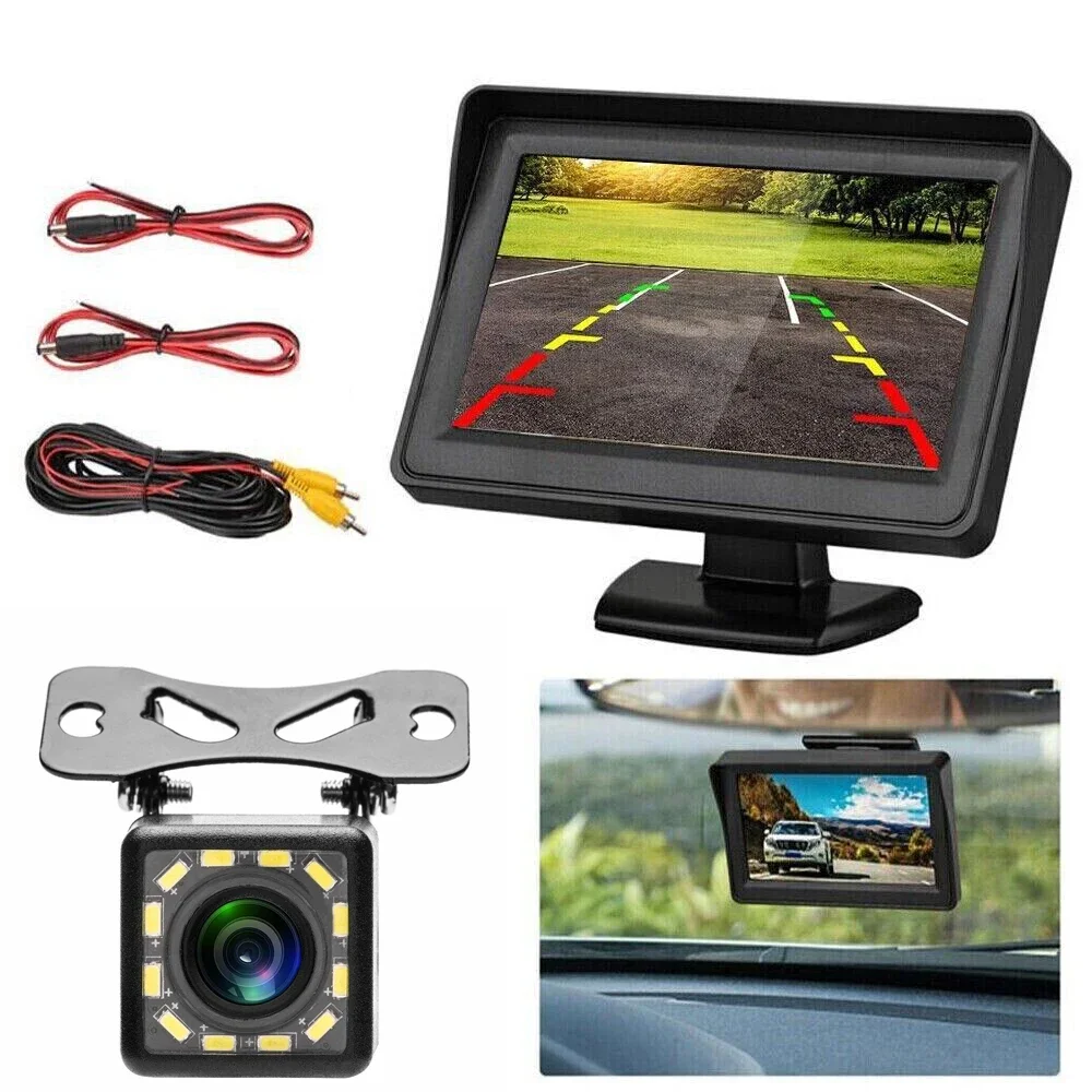 QueenDer 4.3” Reversing Camera Car Car Monitor, HD Night Vision Waterproof Rear View Camera for Cars, Trucks, SUVs, RVs, Buses