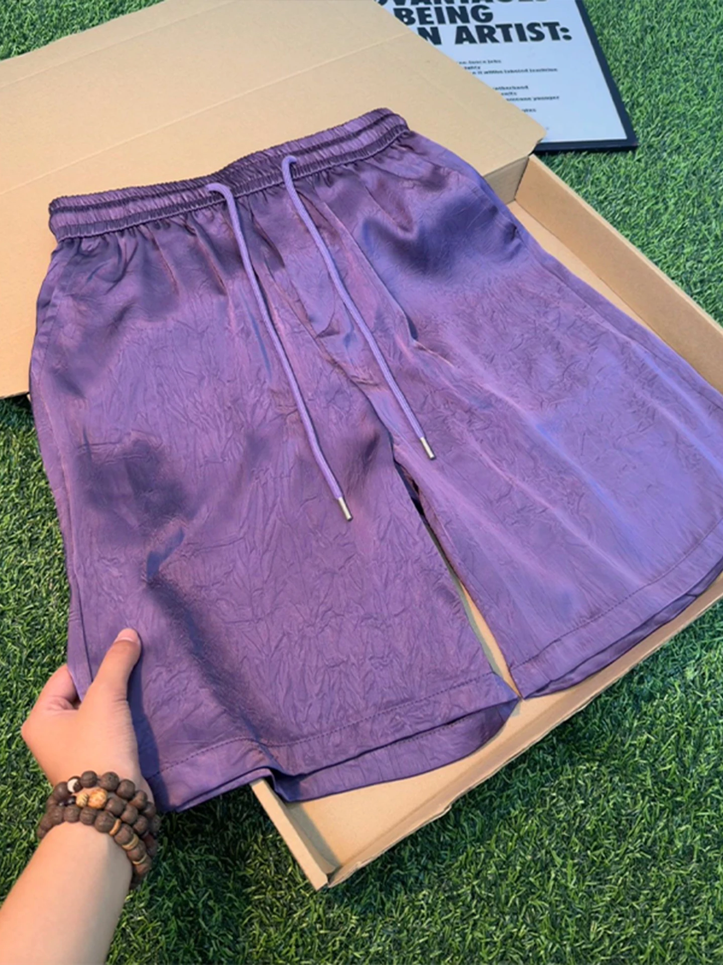 Men's Summer Ice Silk Shorts Smooth Satin Drapey Lightweight Quick Dry Breathable Loose Fit Elastic Waist Long Pants