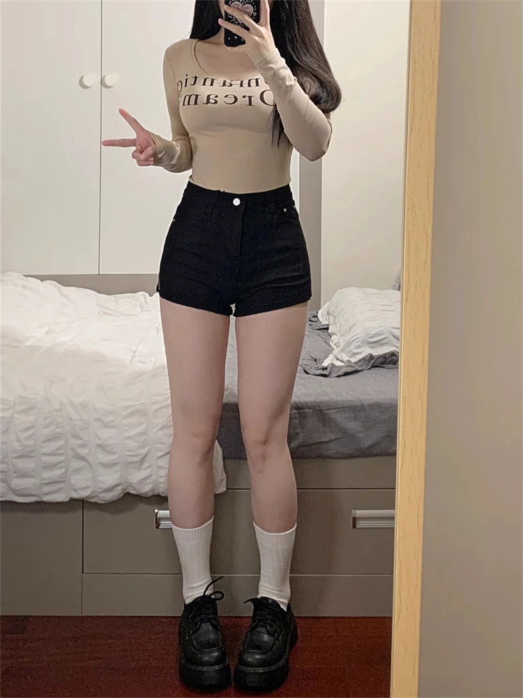 

High Waist Elastic Super Short Denim Jeans Women's Spring Hot Pants A-Line Wide Leg Pants Casual Pure Color Cotton Stretch