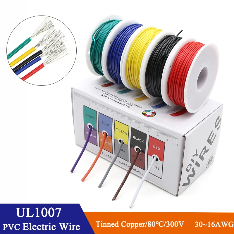 

(5 Colors Mix Kit) UL1007 Wire PVC Insulation Tinned Copper Cable 30/28/26/24/22/20/18/16 AWG Stranded Electrical Line PCB Wire