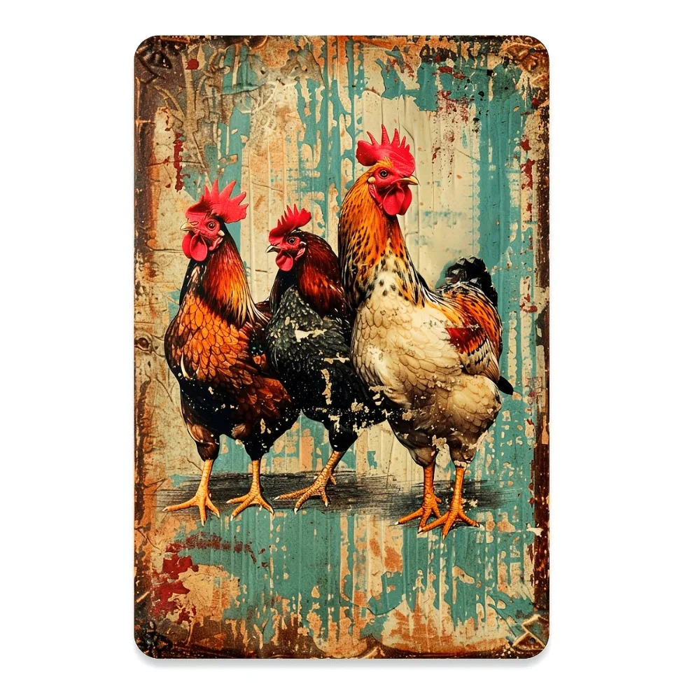 Colorful Rooster Farmhouse Metal Sign 20x30cm – Country Chicken Wall Art for Kitchen, Barn, Garden Shed or Coffee Bar