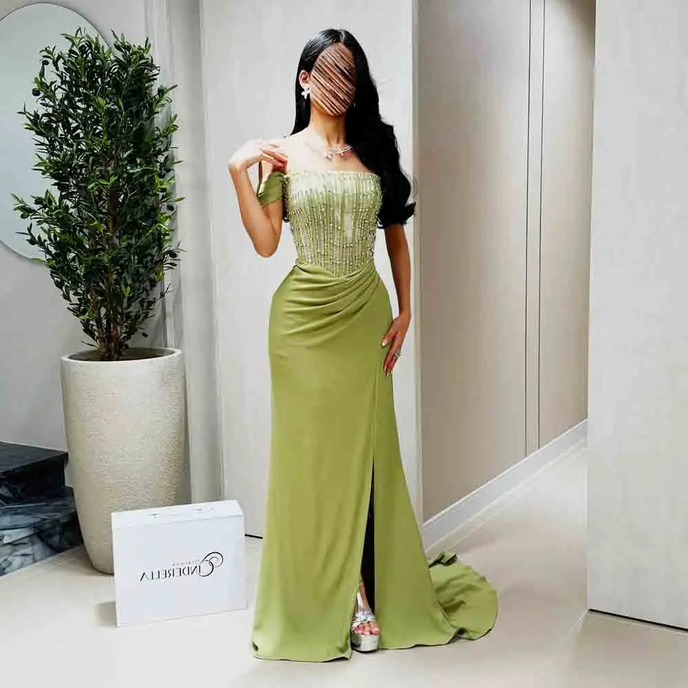 Customized Bead Embellished Evening Dress with Split Off the Shoulder Corset Formal Gown Green Satin Wedding Party Attire