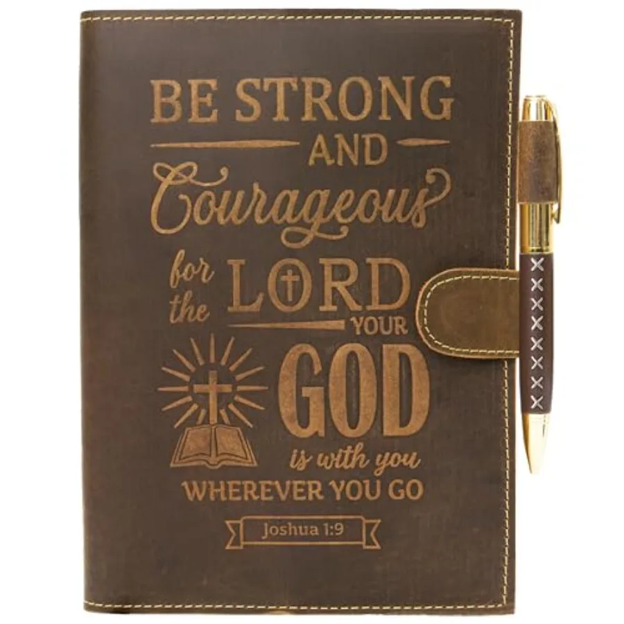 

Religious Refillable Leather Journal - Handmade A5 Writing Notebook with Pen - Joshua 1:9 " and Courageous" Embossed Diary with