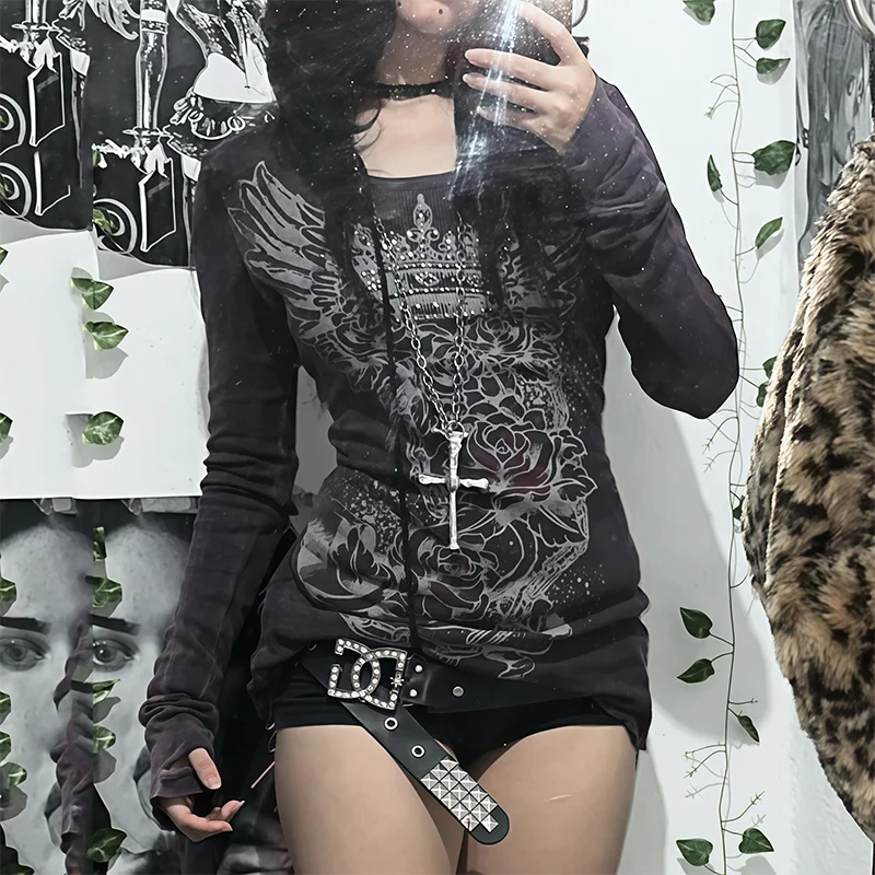 Gothic Dark Style Spicy Girl Long Sleeve Printed T-Shirt Autumn Retro Y2K Top for Women