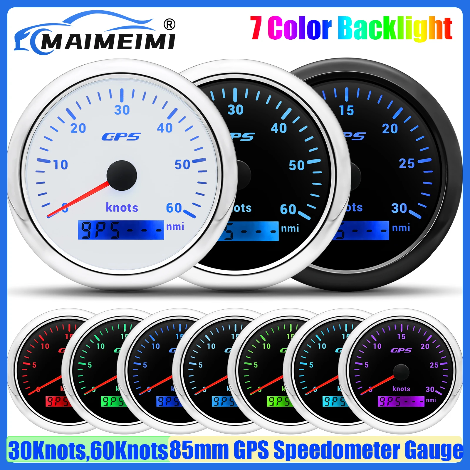 

0-30 кнопок, 0-60 тысяч 85 мм GPS-спидометр с антенной, 7 цветов, водонепроницаемый светильник для универсальной морской лодки, яхты 12 В 24 В