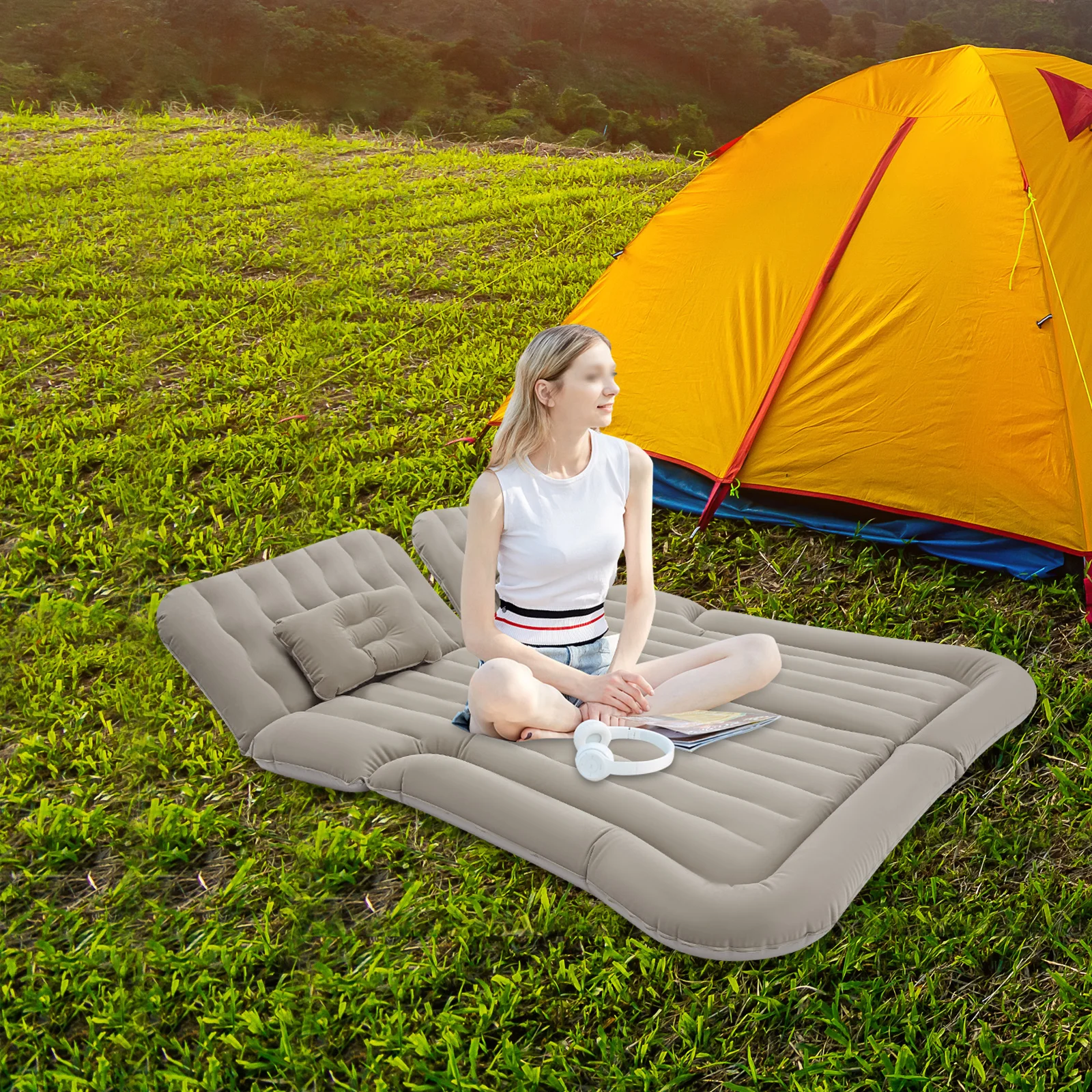 

Серый надувной матрас, флокированный + ПВХ — максимальная нагрузка 551,16 фунтов и двойная перегородка (26,77 дюйма и 19,69 дюйма), 6 надувных отверстий с насосом