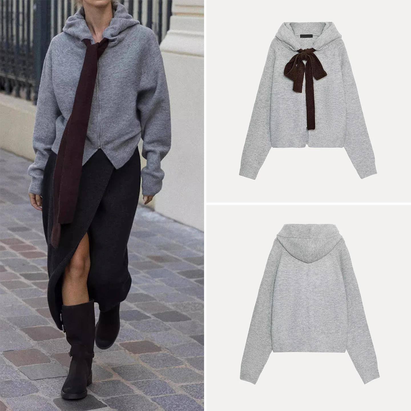 

Z Women's Knitted Long Sve Hooded Coat Knot Personali Sweet Sle Loose Fit Middling Softn Daily Wear