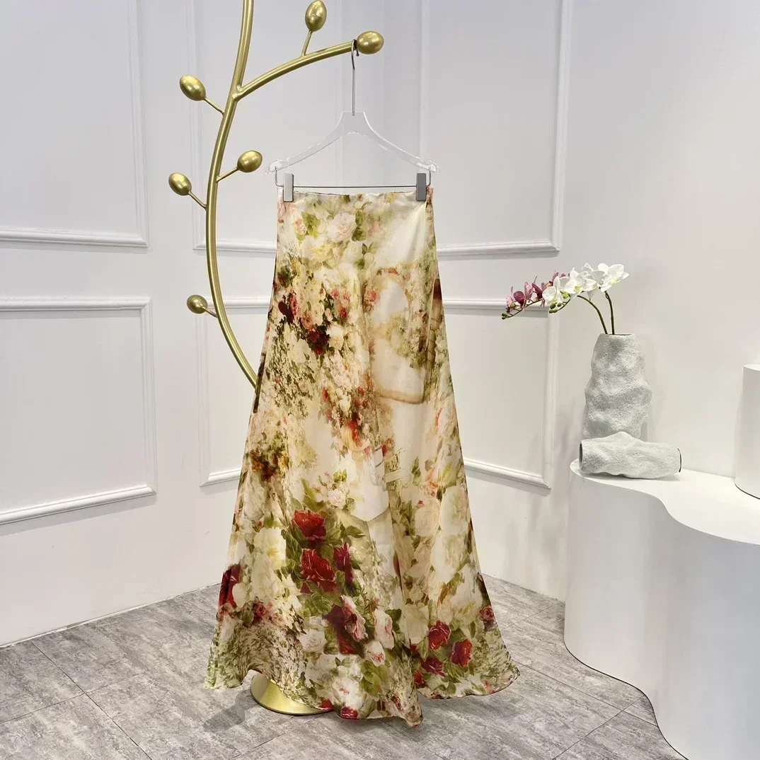 

Graceful A-line Woman Luxury Skirt Top Quality Silk New Floral Print 2023 Summer Vintage Women Clothes