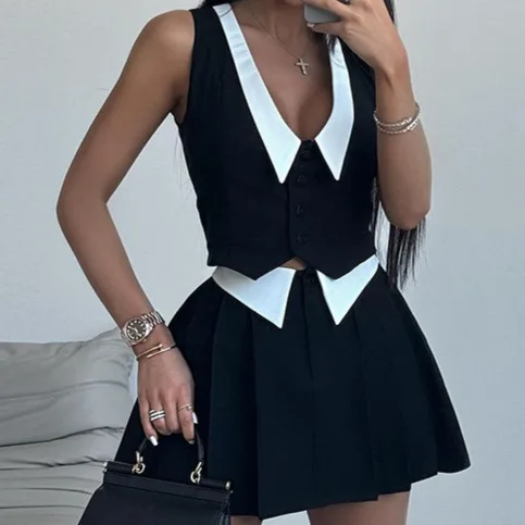 

Two Piece Set Women Outfit Summer Sleeveless Top Short Vest High Waist Casual Pleated Mini Skirt Bodycon Sweet 2 Piece Sets