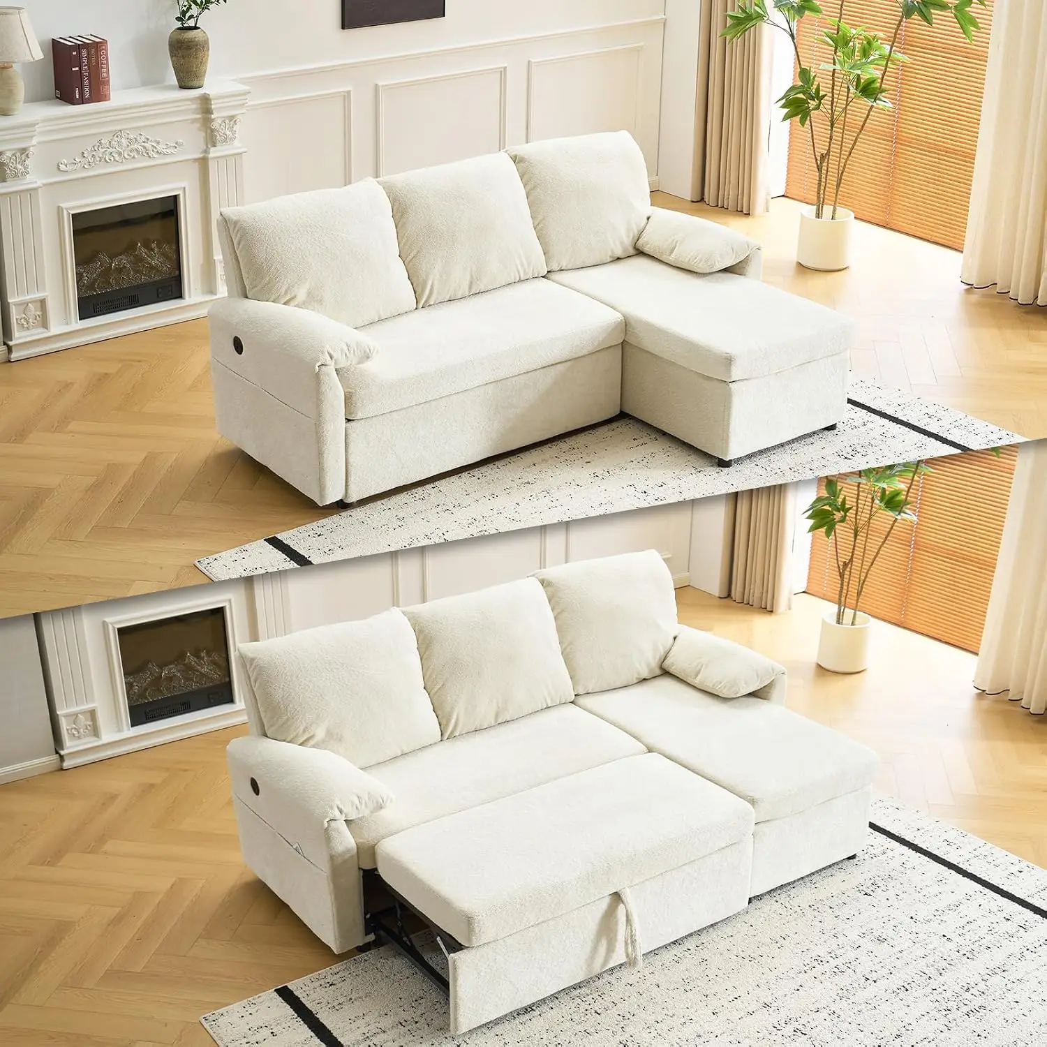 Convertible Sofa Bed Sleeper with Pull Out Bed, L-Shape Sectional with Storage Chaise, USB Charging & Side Pockets, Customized