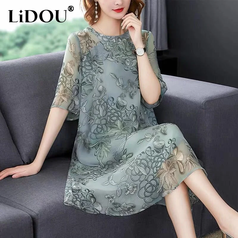 

Summer New Oversize Female Clothing Round Neck Floral Printing Chinese Style Midi Dress 2023 Women Vintage Fashion Loose Dress