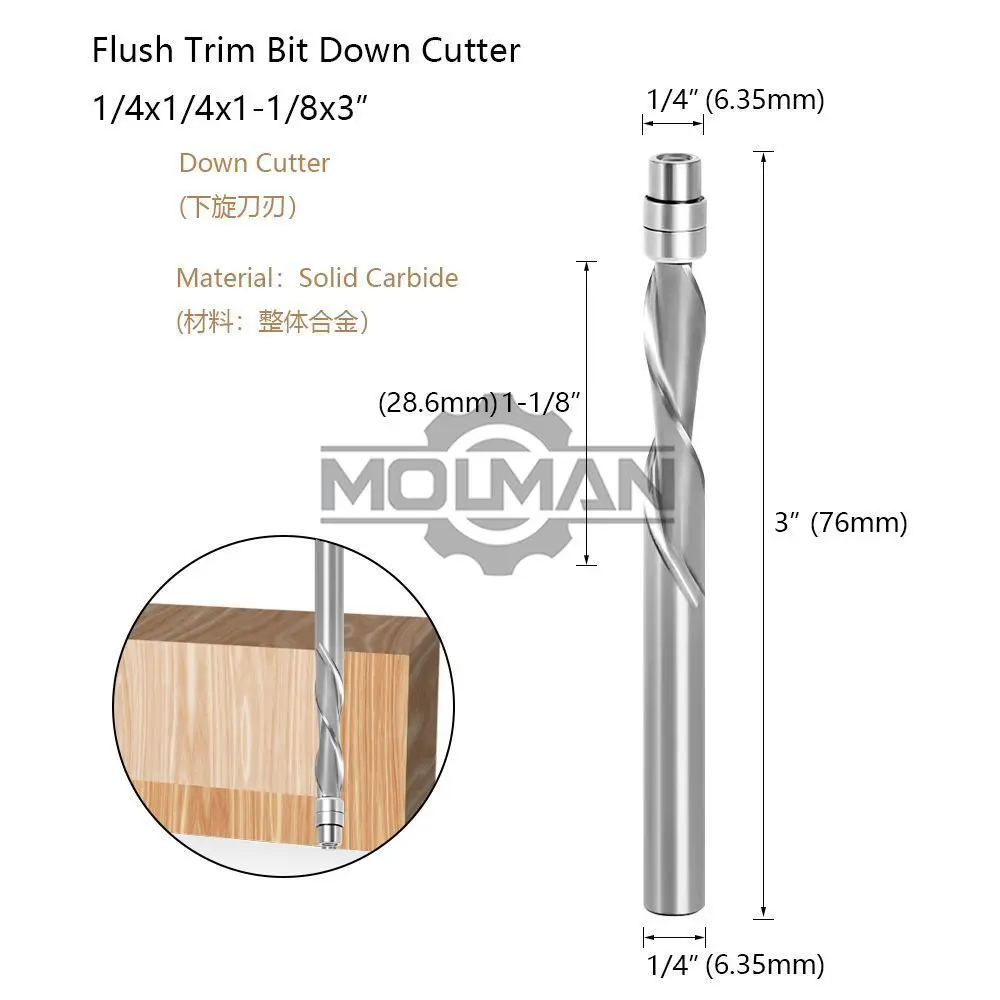 1/4 Shank Up Down Compression Flush Trimming Bit Overall Carbide  End Milling Cutter Woodwoking Tool