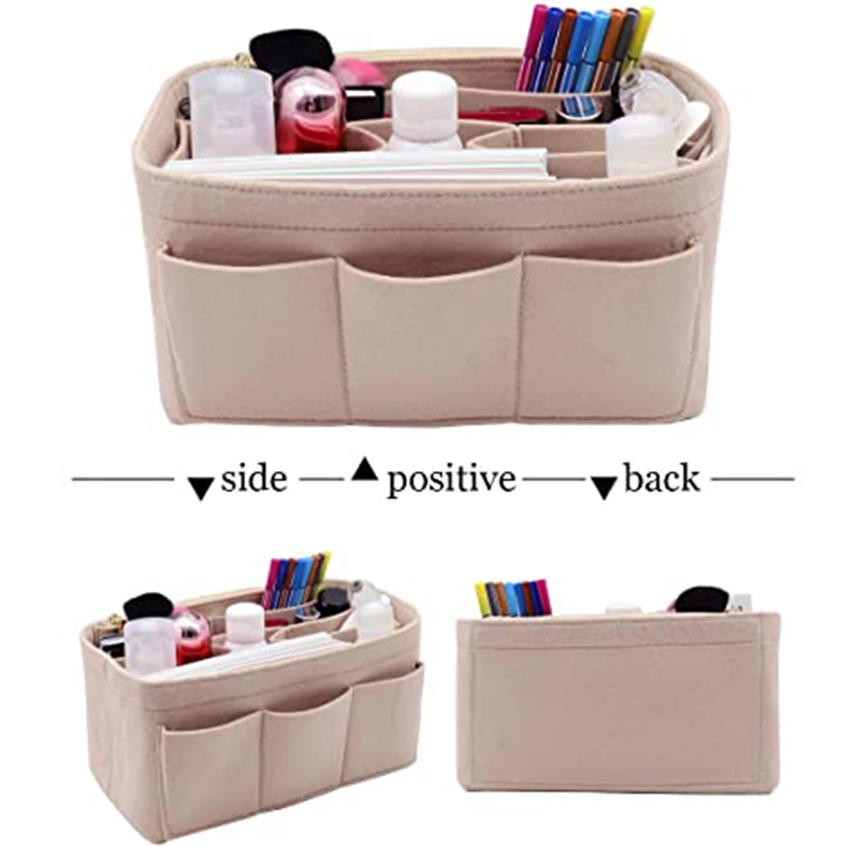 Makeup Organizer Bag Felt Cloth Cosmetic Insert Organizer Multi-Pockets Cosmetic Bags Large Capacity Detachable Handbag Insert