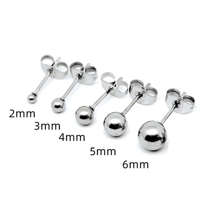 10pcs/lot Solid Round Ball Earring Stud Post Fit 316L Stainless Steel Hypoallergenic Bead Earring Jewelry 2/3/4/5/6mm