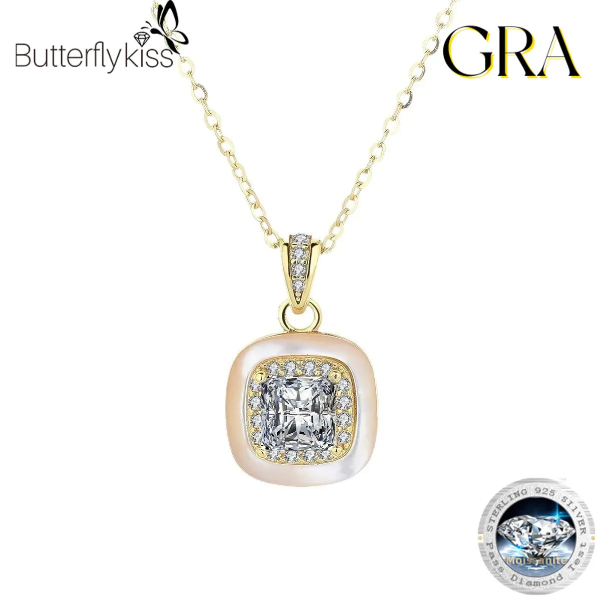 

Квадратный кулон Butterflykiss 1CT с муассанитом для женщин, стерлинговое серебро, 18-каратное золото, свадебное ожерелье, ювелирные изделия с сертификатом