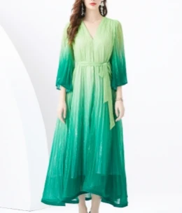 Elegant Long Flare Sleeve Vintage V-neck Chic Gradient Color Bandage Loose A-line Long Dress Evening High Street Autumn Clothing