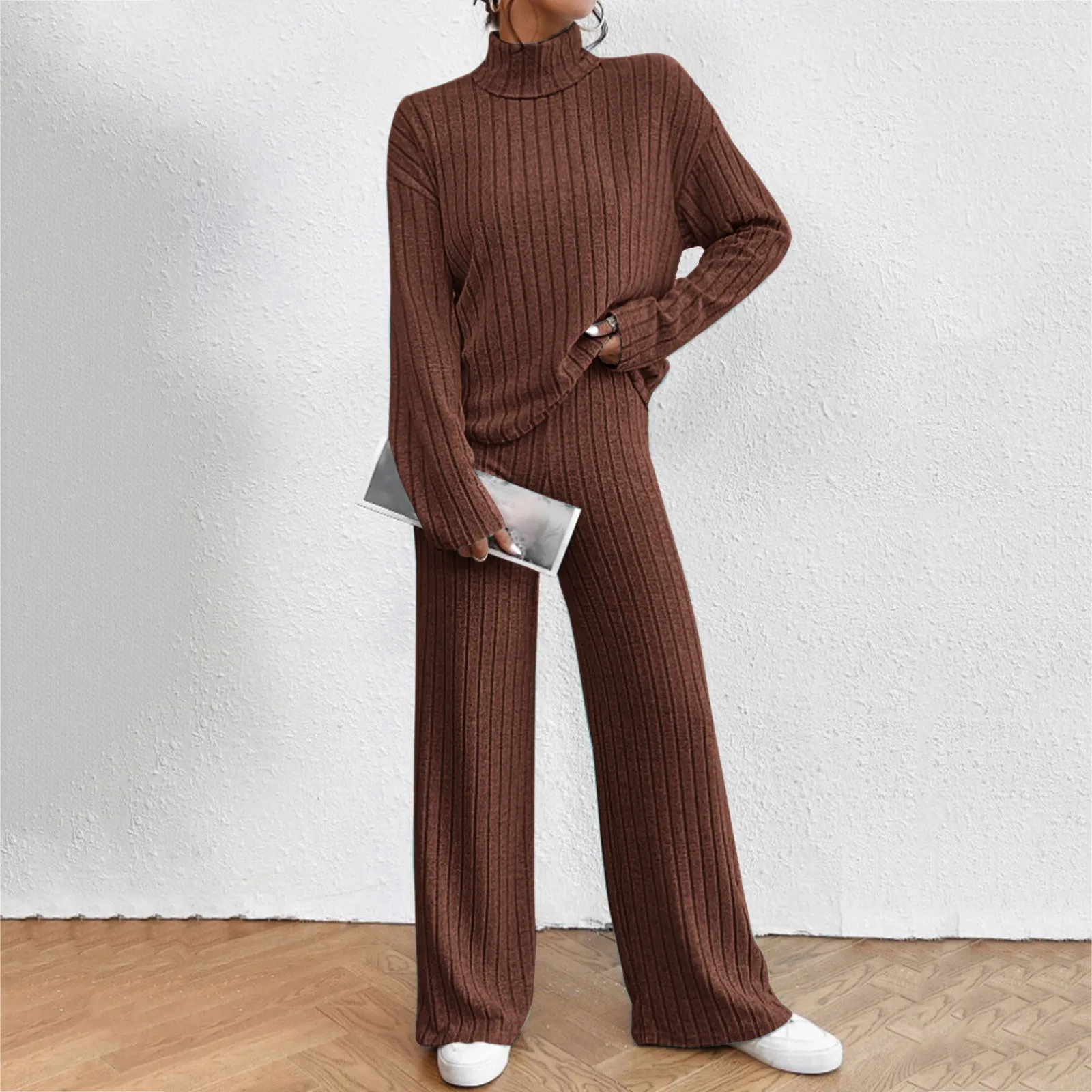 Solid Color Turtleneck Pullover And Straight-Leg Pants Knitted Sets Winter Female Warm Sweater Suits Casual Trousers Outfits