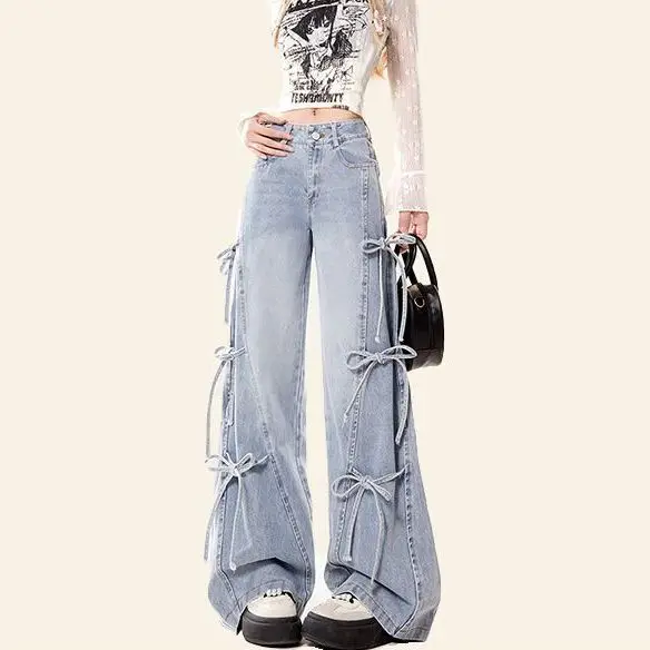 Jeans Bow Tie Autumn New Women Loose American Retro Street Style High-Waisted Wide-Leg Floor-Length Trousers