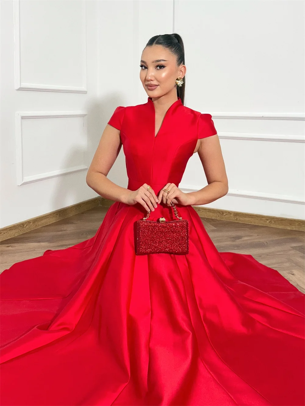 Abito da sera classico semplice a linea A, manica corta, palla lunga, abito da ballo personalizzato, lunghezza tè, elegante abito da festa da donna Nuovo