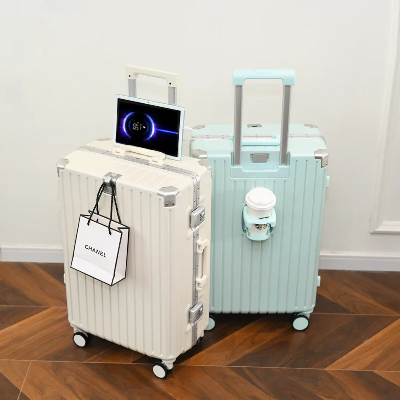 Valise à roulettes universelle avec porte-gobelet, cadre en aluminium, bagage multifonctionnel, grande capacité, 28 po, 24 po