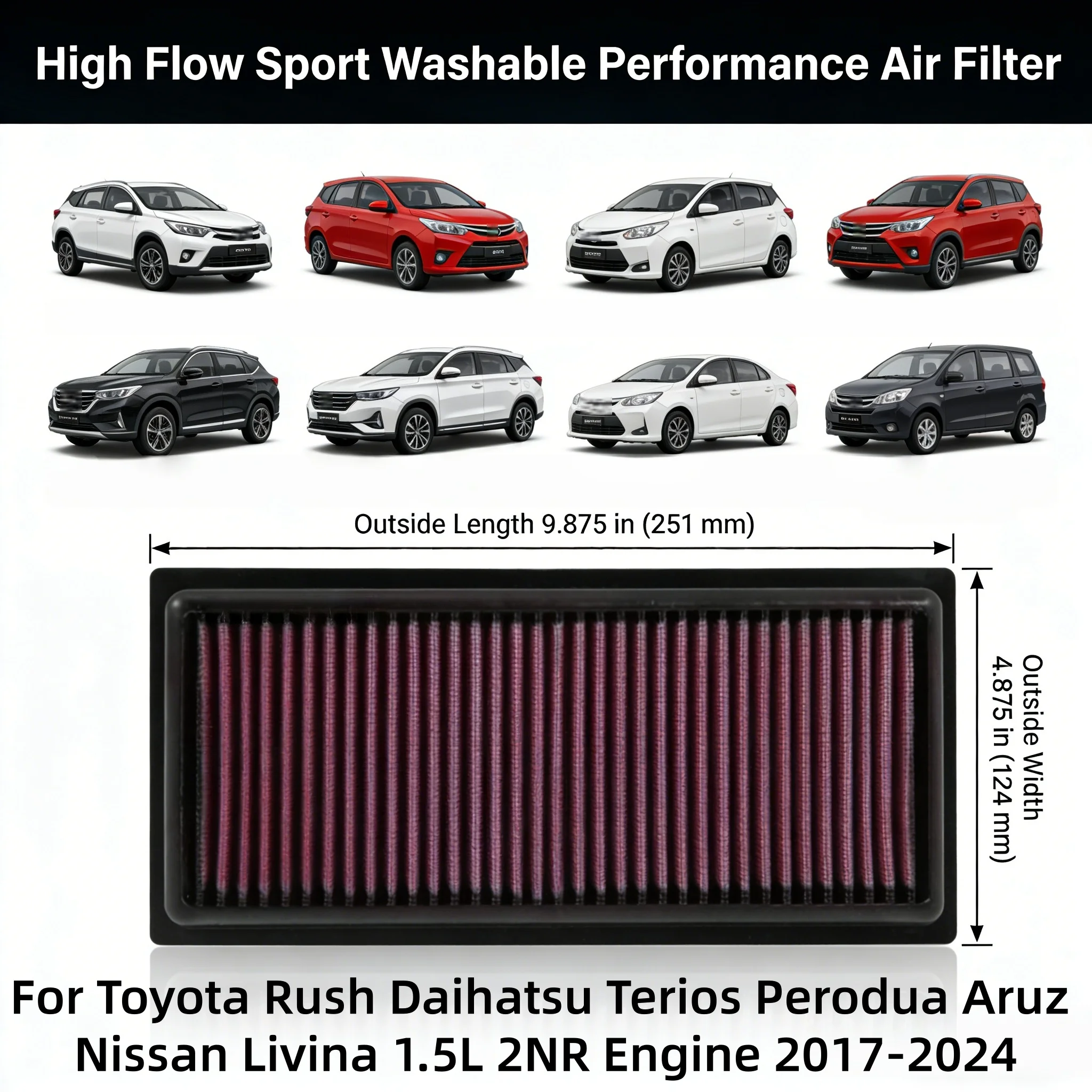 

For Toyota Rush Daihatsu Terios Perodua Aruz Nissan Livina 1.5L 2NR Engine 2017-2024 High Flow Washable Performance Air Filter