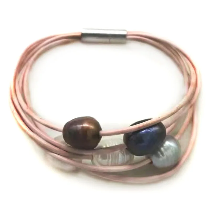 7.5 inches 5 rows Salmon Leather Cord Natural Oval Pearl Bracelet