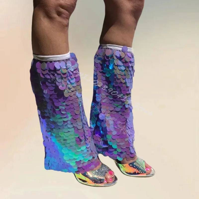 

Purple Sequins Rhinestone Open Toe Sandals Boots Elastic Band Women Shoes Thin High Heels Party Banquet 2024 Zapatos Para Mujere