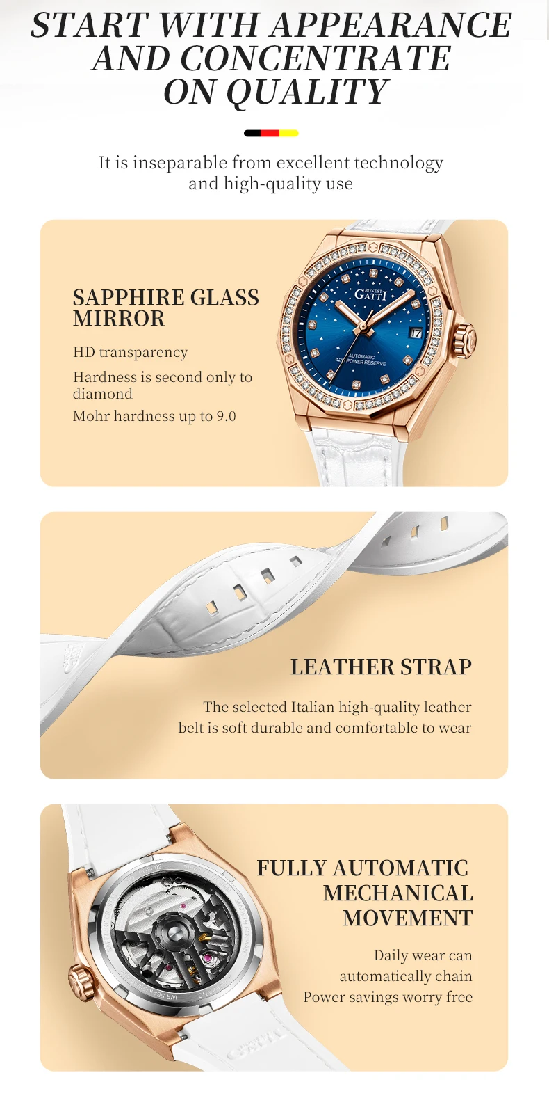 BONEST GATTI Women Automatic Watch Luxury Ladies Watches  Mechanical Wristwatch Sapphire Leather Strap Austria Crystal Bezel