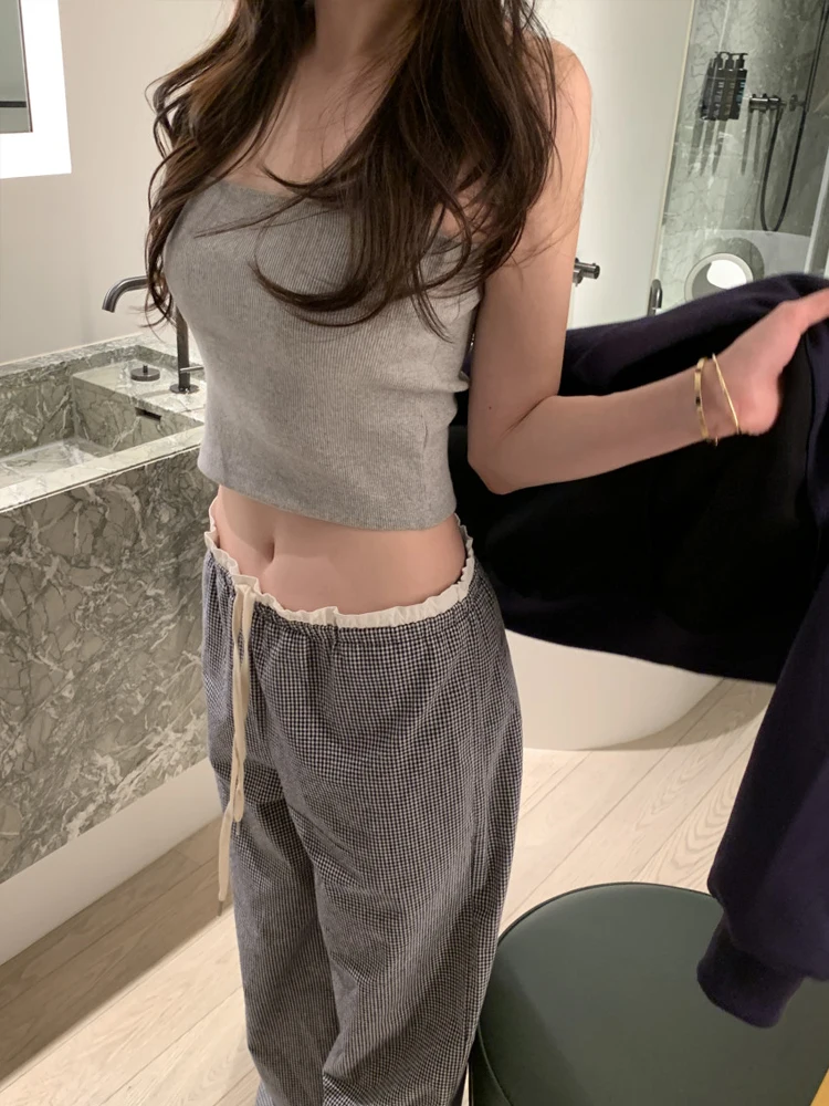 

High Waist Plaid Wide Leg Pants Women's Casual Drawstring Korean Style Spring Season Loose Trousers Floor-Length Pants